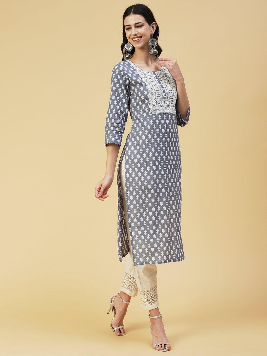 Floral Printed Resham & Sequins Embroidered Kurta - Grey - Indiakreations