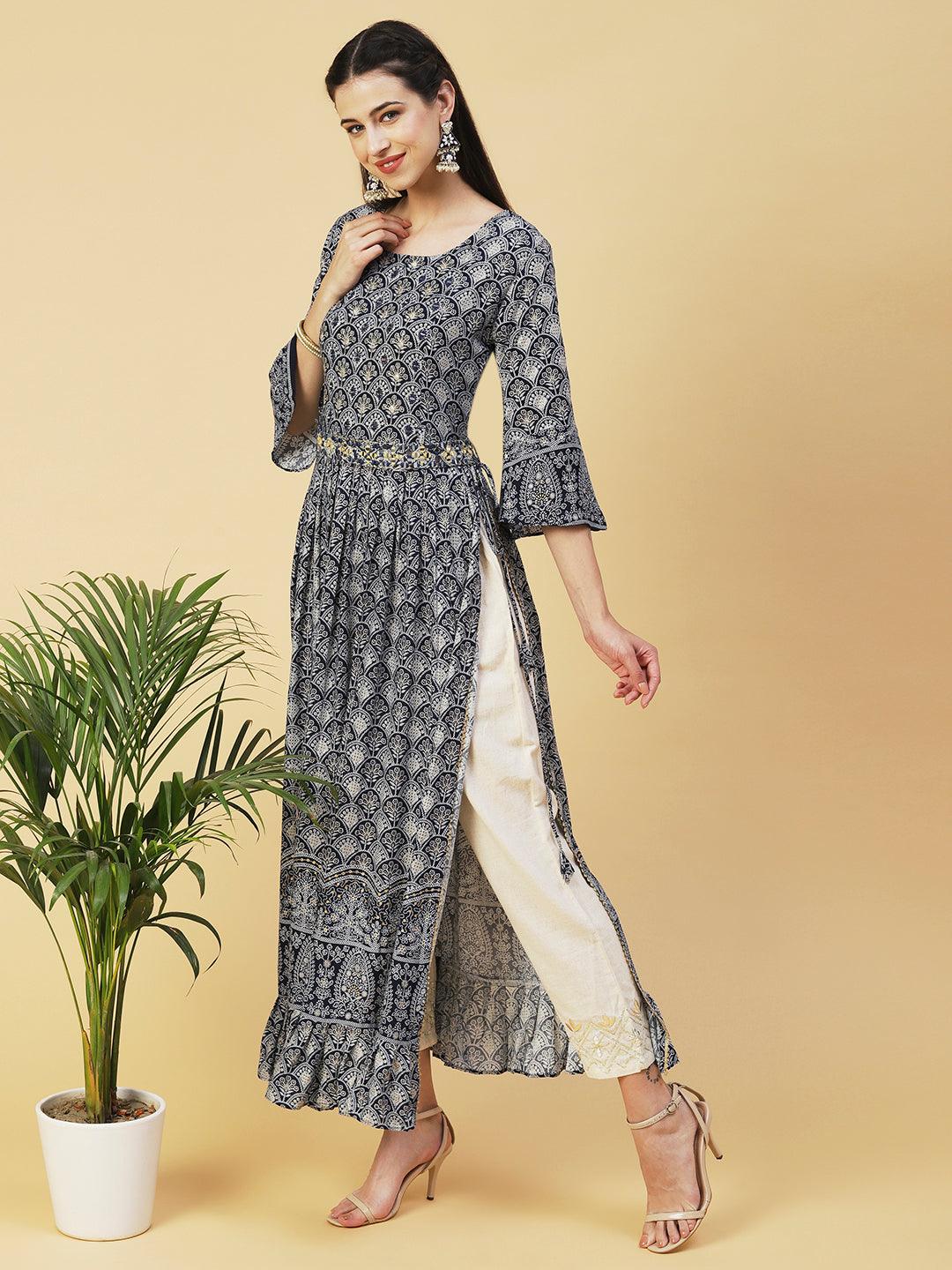 Ethnic Printed & Embroidered A-Line Kurta - Navy Blue - Indiakreations