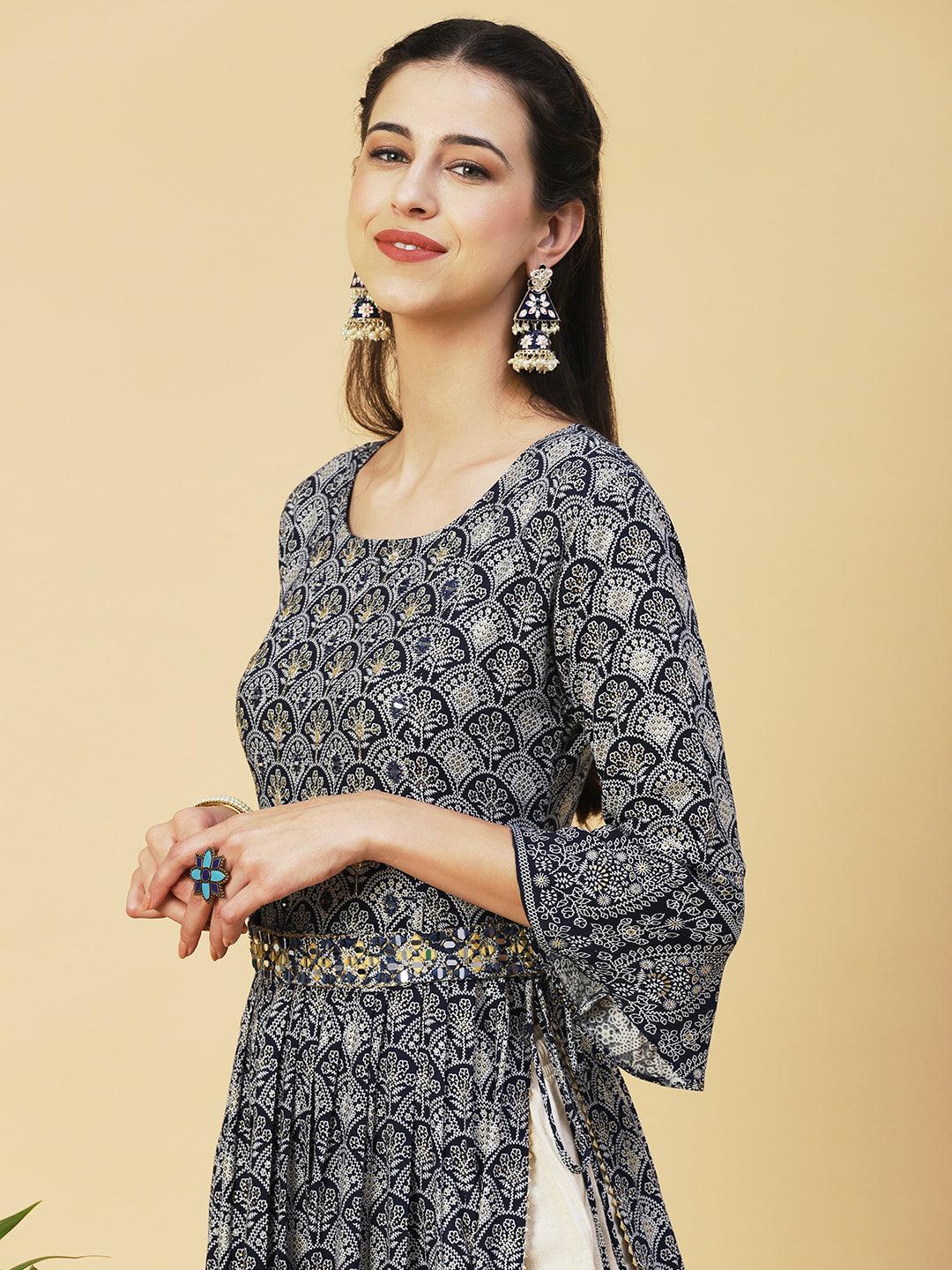 Ethnic Printed & Embroidered A-Line Kurta - Navy Blue - Indiakreations