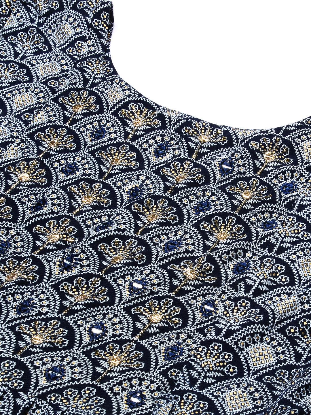 Ethnic Printed & Embroidered A-Line Kurta - Navy Blue - Indiakreations