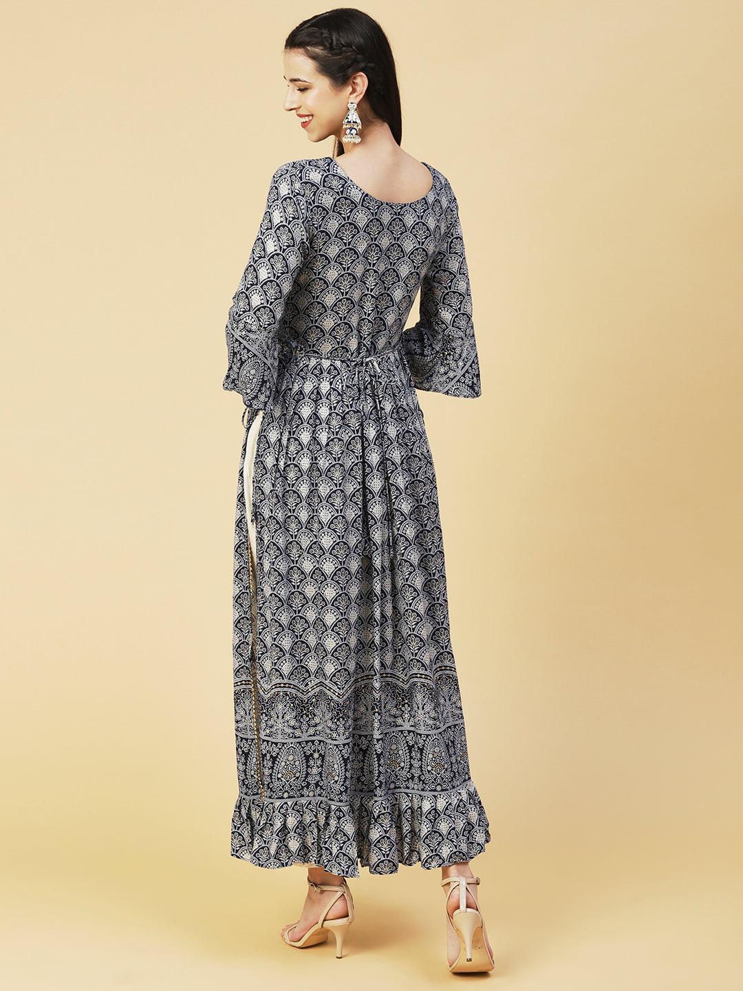 Ethnic Printed & Embroidered A-Line Kurta - Navy Blue - Indiakreations