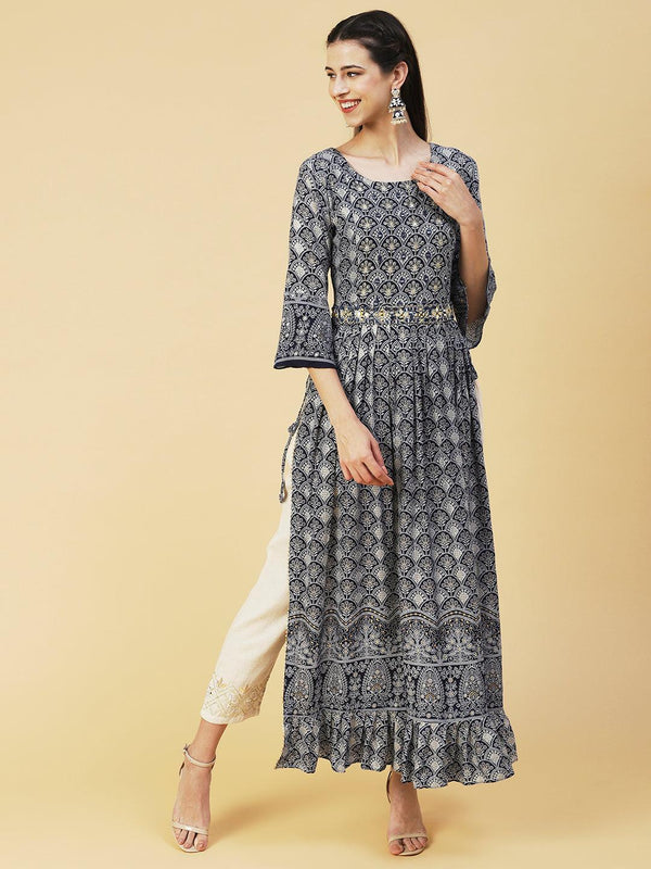 Ethnic Printed & Embroidered A-Line Kurta - Navy Blue - Indiakreations