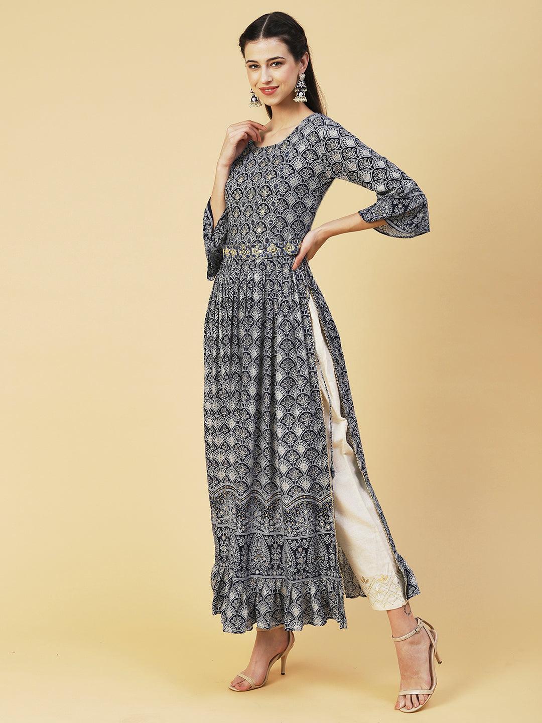 Ethnic Printed & Embroidered A-Line Kurta - Navy Blue - Indiakreations