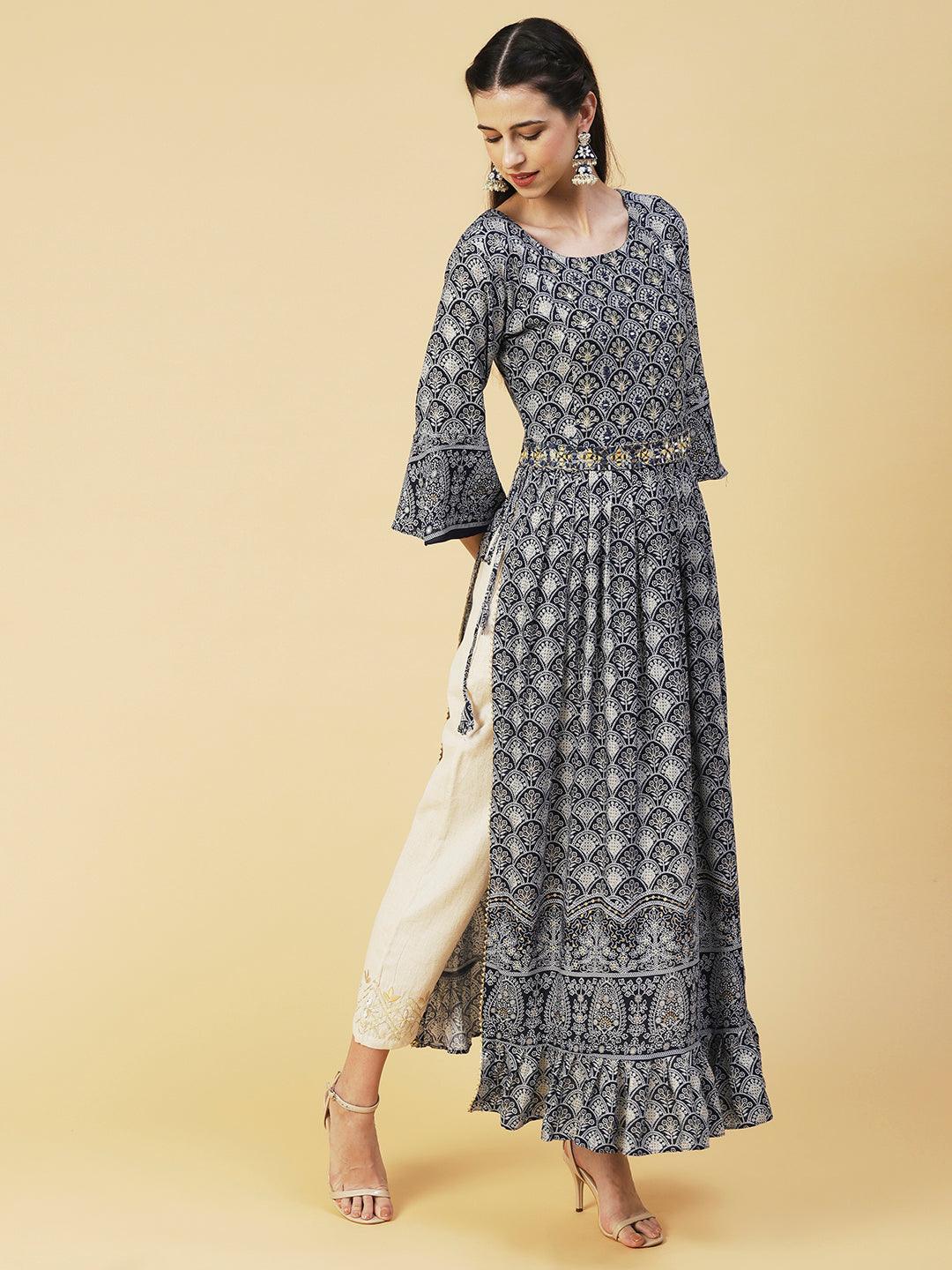 Ethnic Printed & Embroidered A-Line Kurta - Navy Blue - Indiakreations