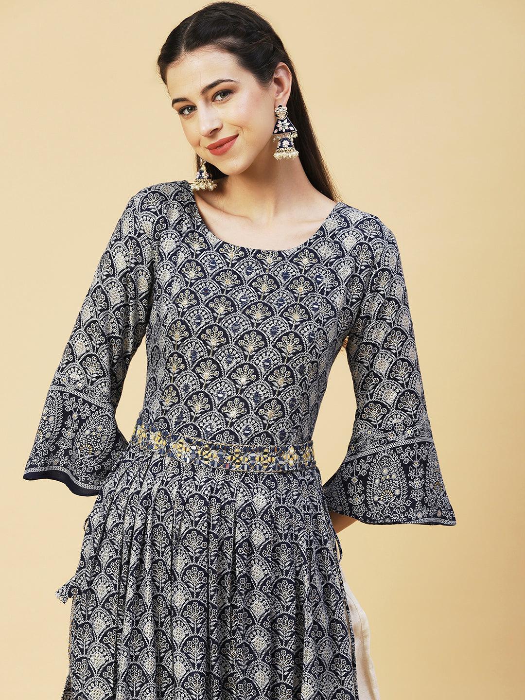 Ethnic Printed & Embroidered A-Line Kurta - Navy Blue - Indiakreations