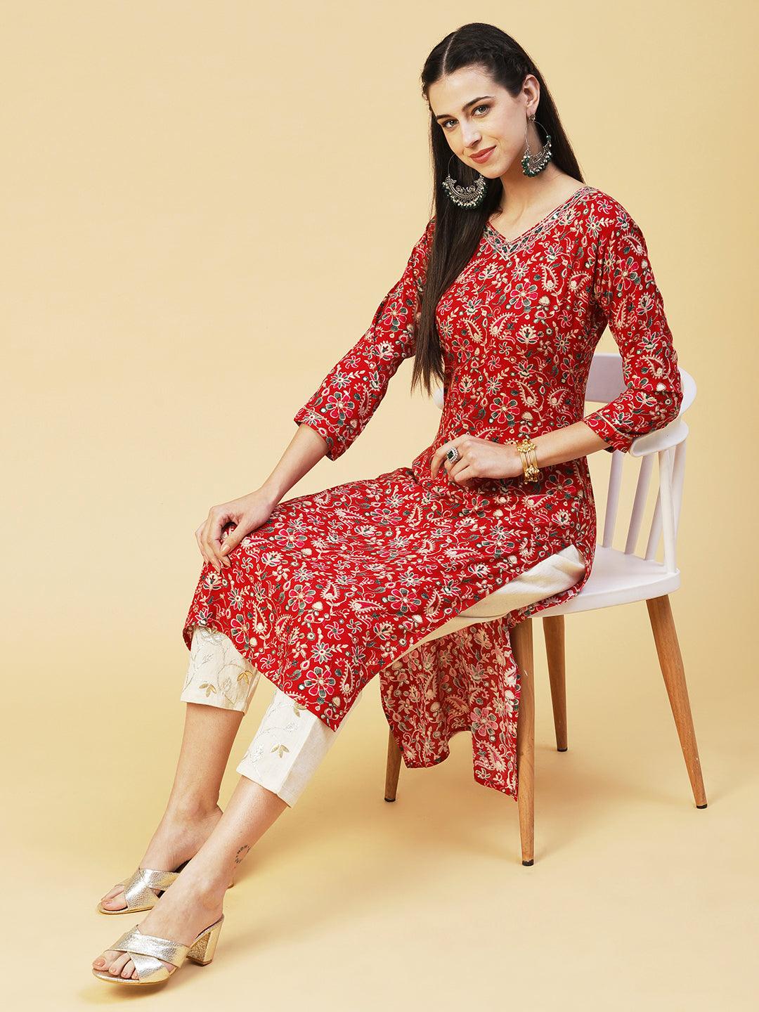 Ethnic Paisley Printed & Embroidered Straight Fit Kurta - Red - Indiakreations