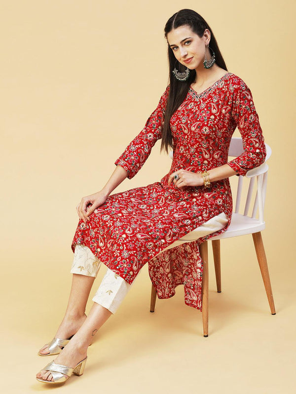 Ethnic Paisley Printed & Embroidered Straight Fit Kurta - Red - Indiakreations