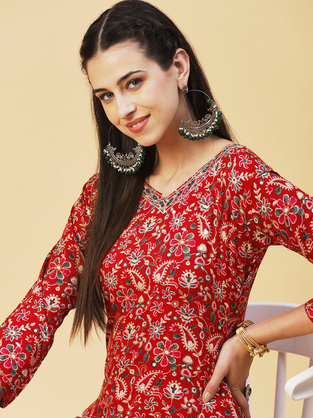 Ethnic Paisley Printed & Embroidered Straight Fit Kurta - Red - Indiakreations