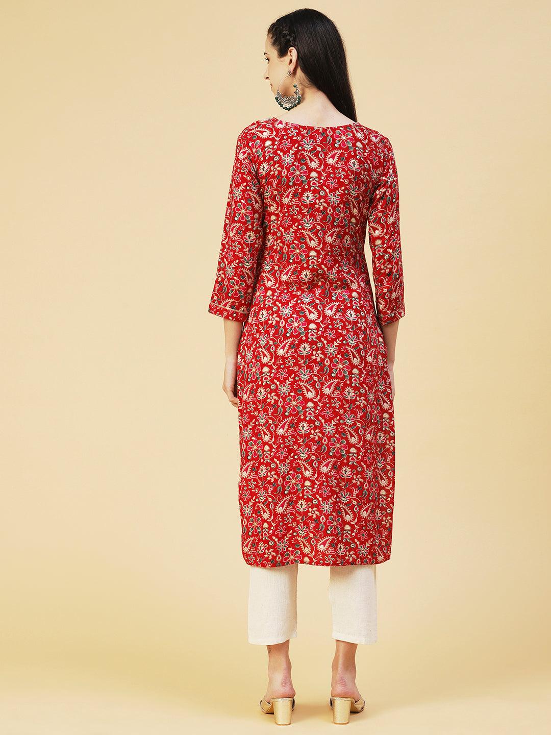 Ethnic Paisley Printed & Embroidered Straight Fit Kurta - Red - Indiakreations