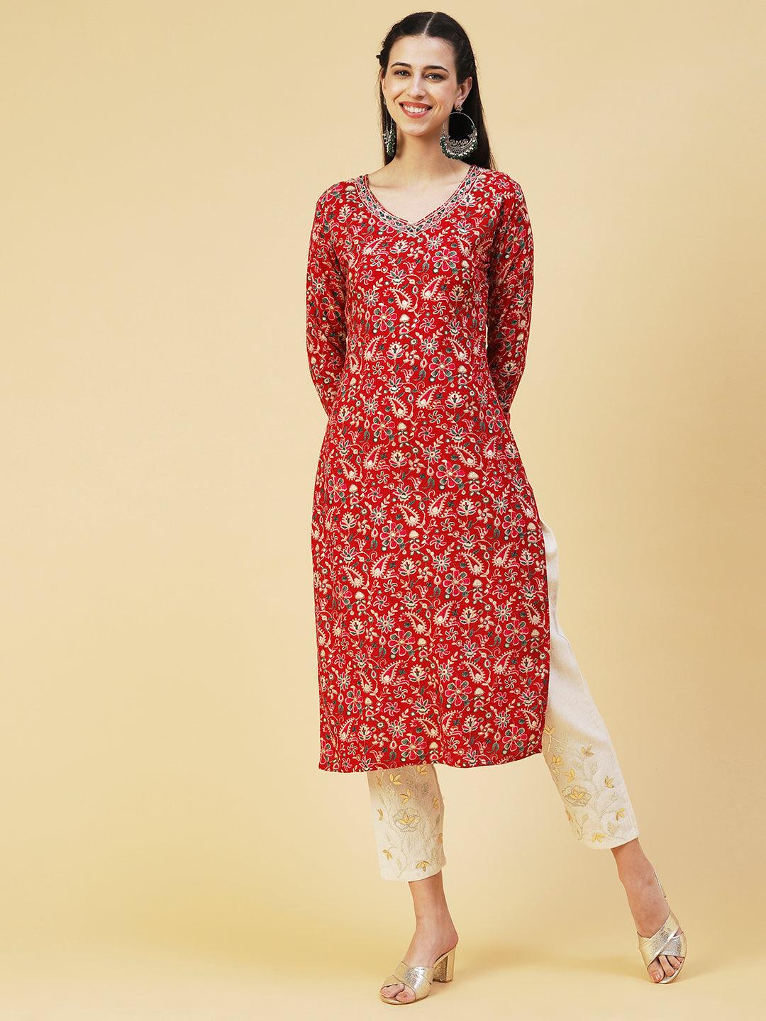 Ethnic Paisley Printed & Embroidered Straight Fit Kurta - Red - Indiakreations