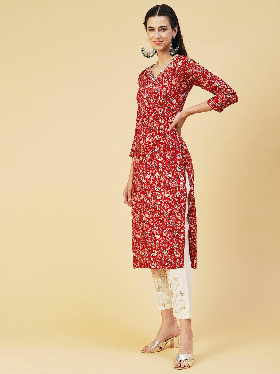 Ethnic Paisley Printed & Embroidered Straight Fit Kurta - Red - Indiakreations