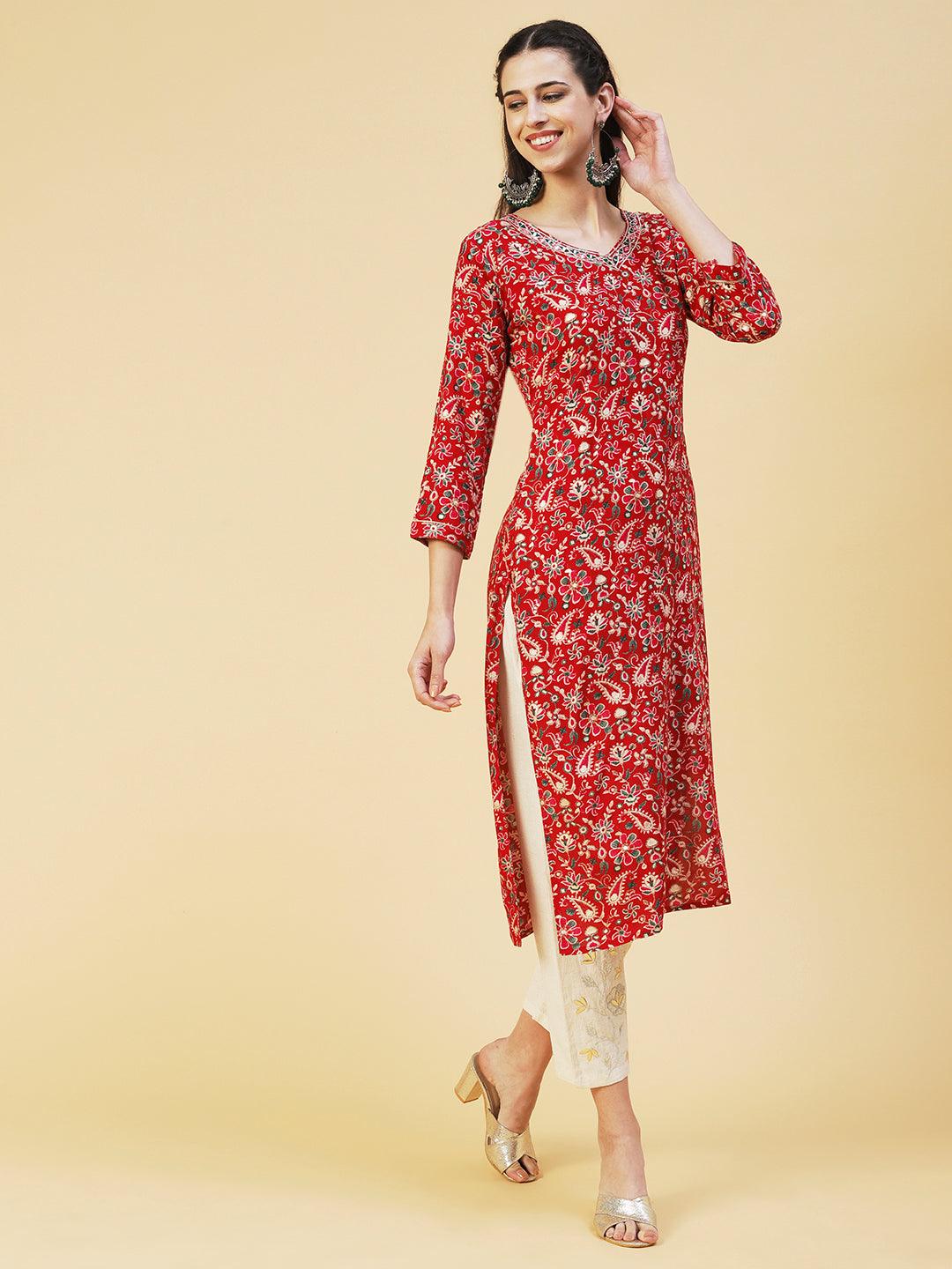 Ethnic Paisley Printed & Embroidered Straight Fit Kurta - Red - Indiakreations