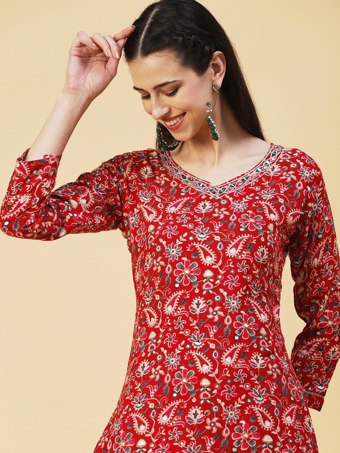 Ethnic Paisley Printed & Embroidered Straight Fit Kurta - Red - Indiakreations