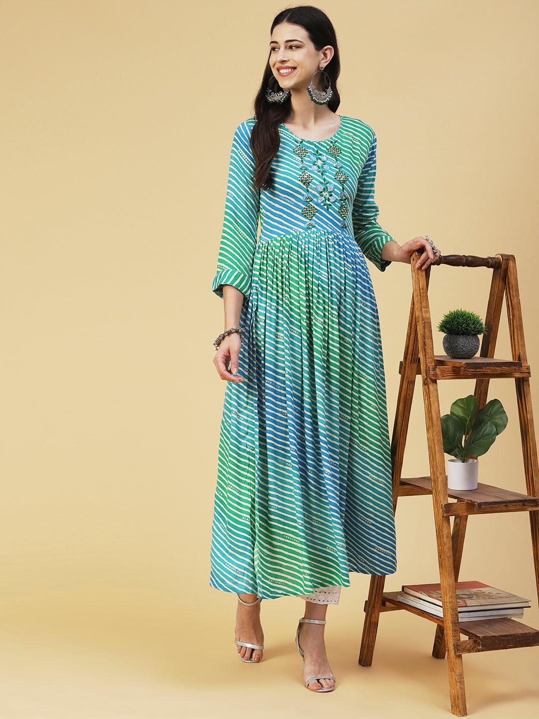 Leheriya Printed & Embroidered A-line Kurta - Turquoise Blue - Indiakreations