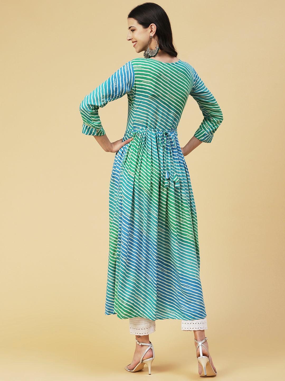 Leheriya Printed & Embroidered A-line Kurta - Turquoise Blue - Indiakreations