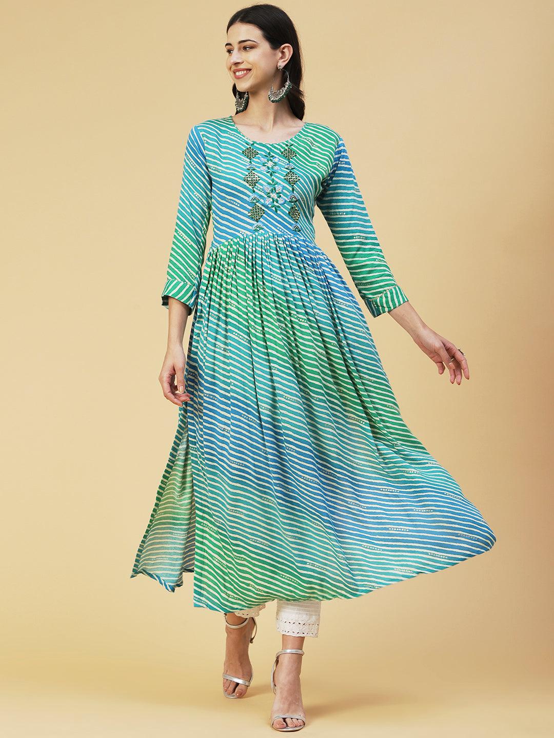 Leheriya Printed & Embroidered A-line Kurta - Turquoise Blue - Indiakreations