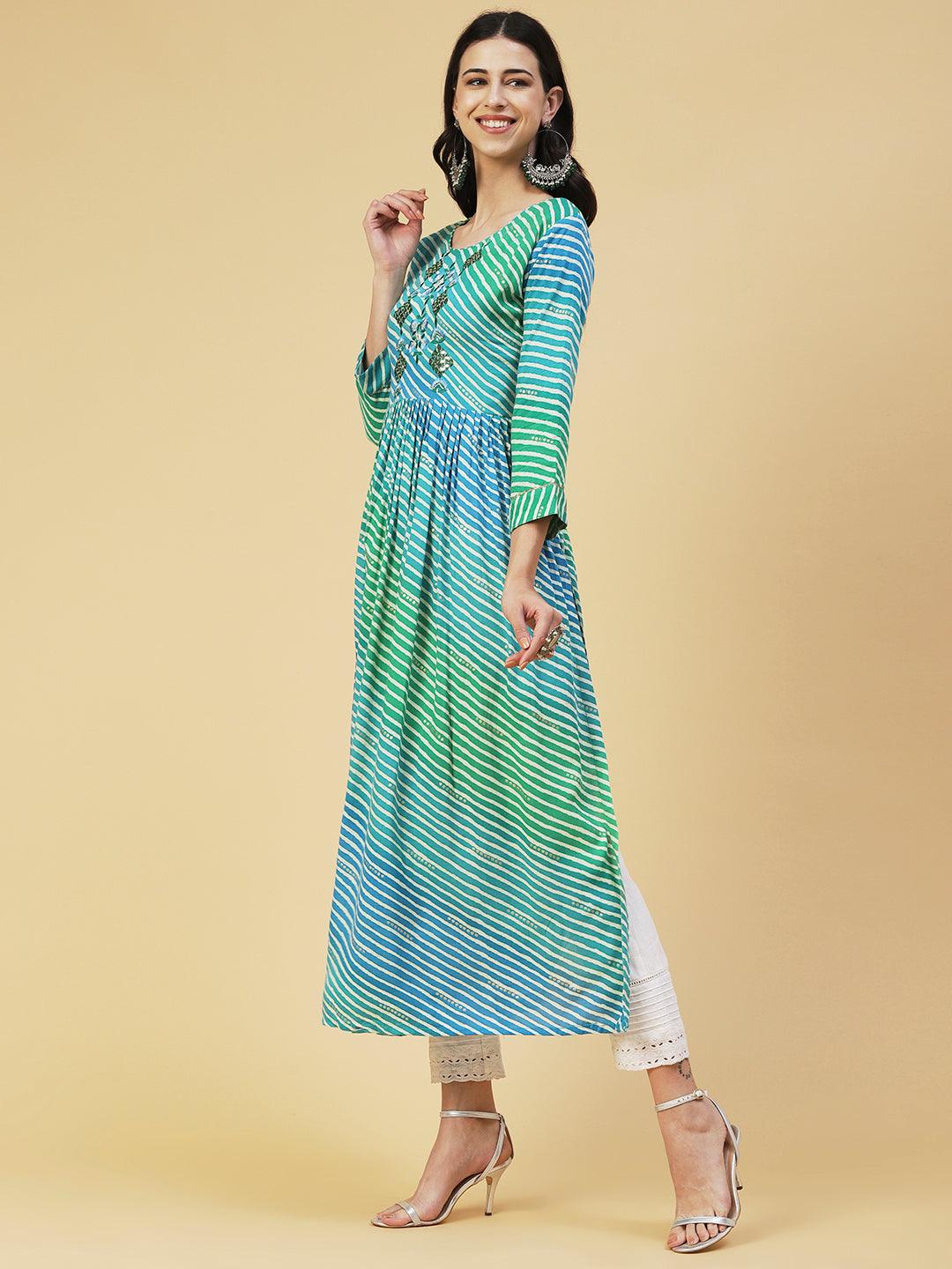 Leheriya Printed & Embroidered A-line Kurta - Turquoise Blue - Indiakreations