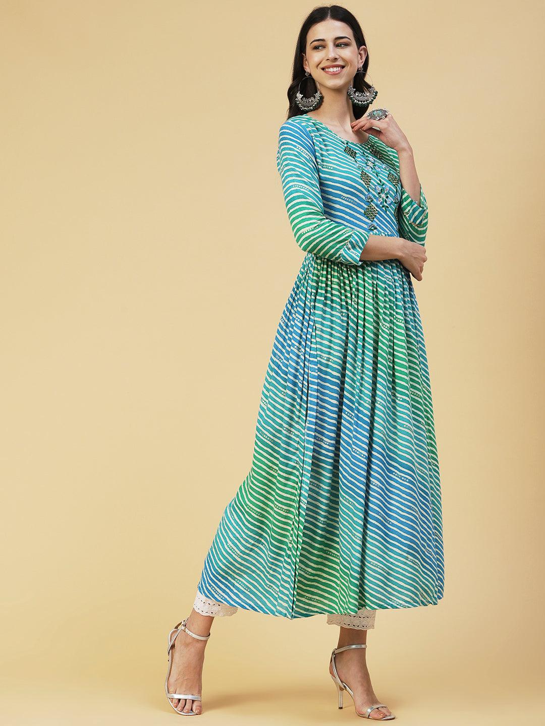 Leheriya Printed & Embroidered A-line Kurta - Turquoise Blue - Indiakreations