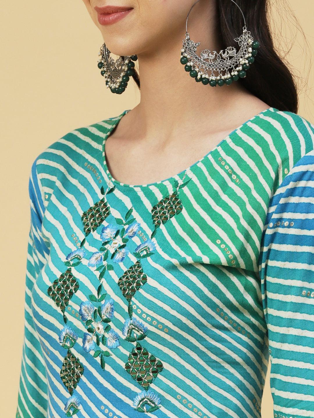 Leheriya Printed & Embroidered A-line Kurta - Turquoise Blue - Indiakreations