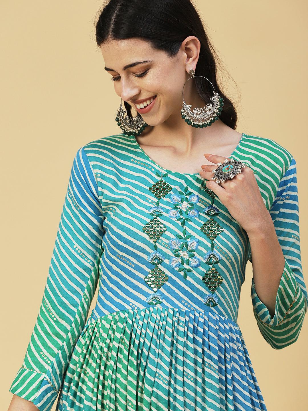 Leheriya Printed & Embroidered A-line Kurta - Turquoise Blue - Indiakreations