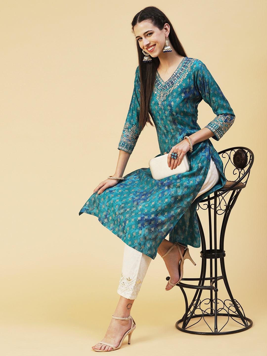 Ethnic Printed & Embroidered Straight Fit Kurta - Turquoise Blue - Indiakreations