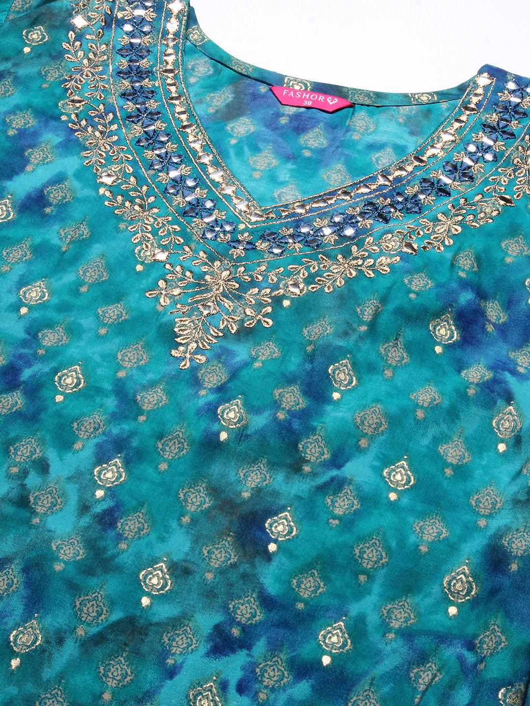 Ethnic Printed & Embroidered Straight Fit Kurta - Turquoise Blue - Indiakreations