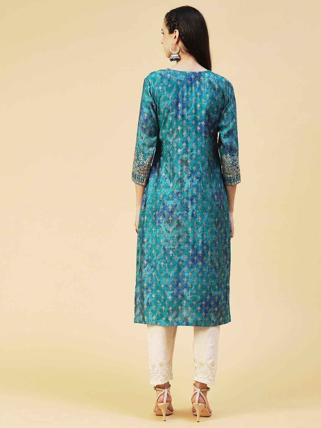 Ethnic Printed & Embroidered Straight Fit Kurta - Turquoise Blue - Indiakreations