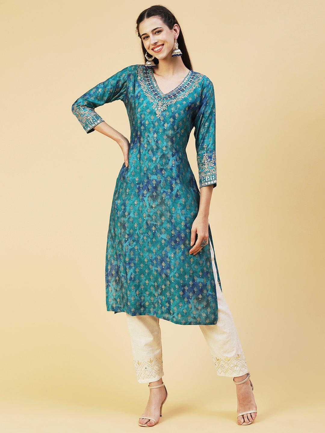 Ethnic Printed & Embroidered Straight Fit Kurta - Turquoise Blue - Indiakreations