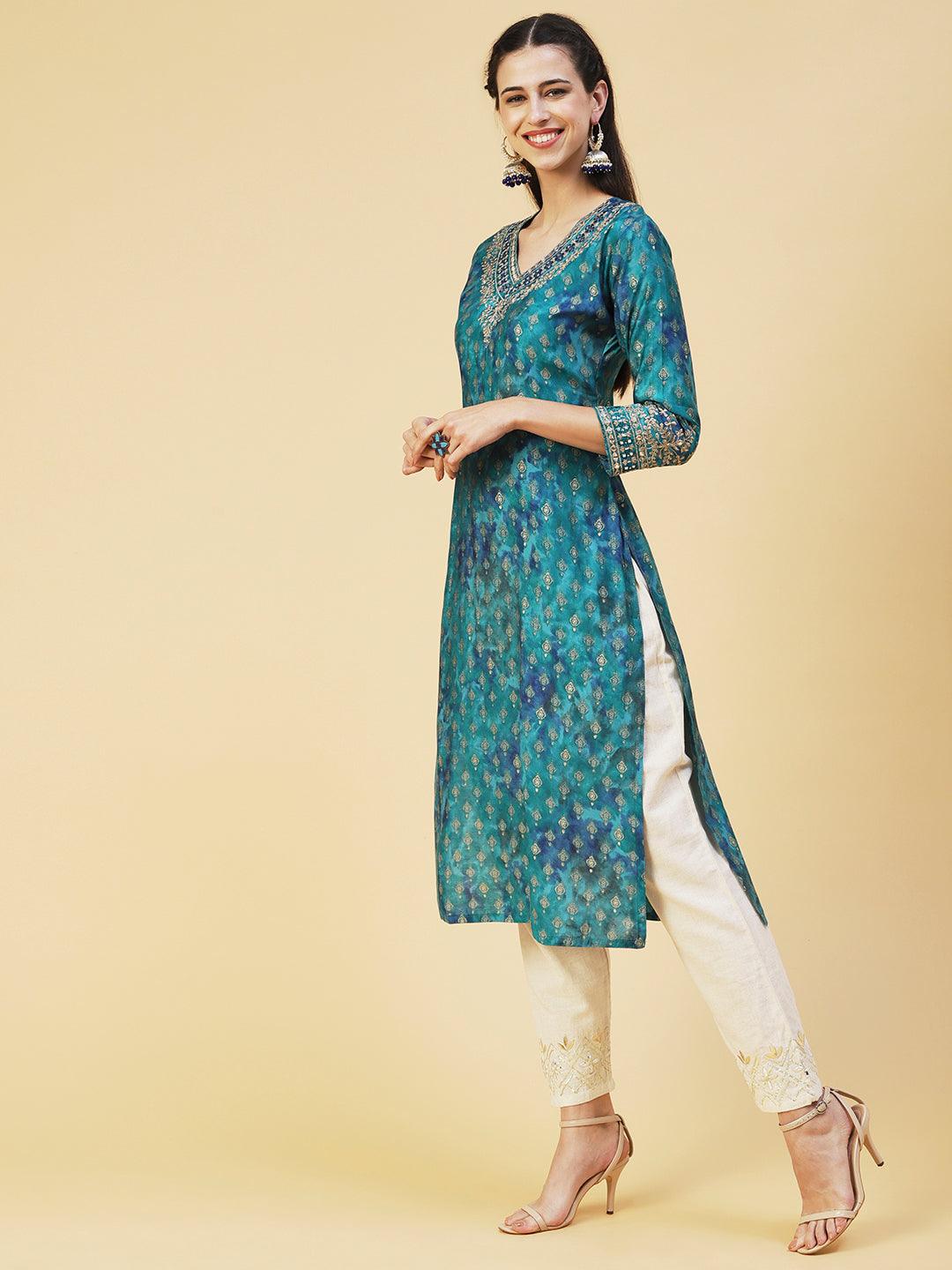 Ethnic Printed & Embroidered Straight Fit Kurta - Turquoise Blue - Indiakreations