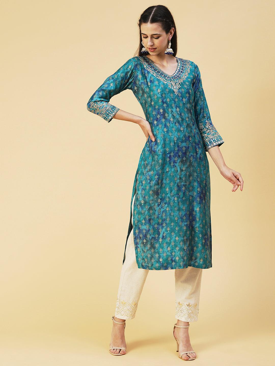 Ethnic Printed & Embroidered Straight Fit Kurta - Turquoise Blue - Indiakreations