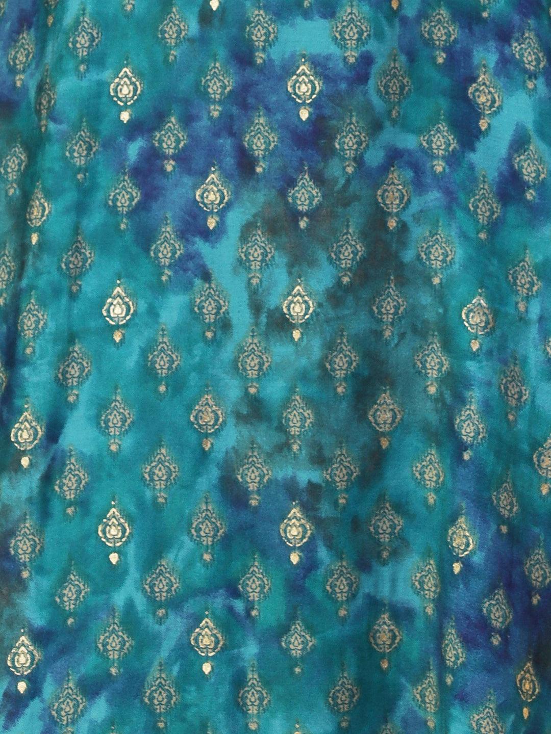 Ethnic Printed & Embroidered Straight Fit Kurta - Turquoise Blue - Indiakreations