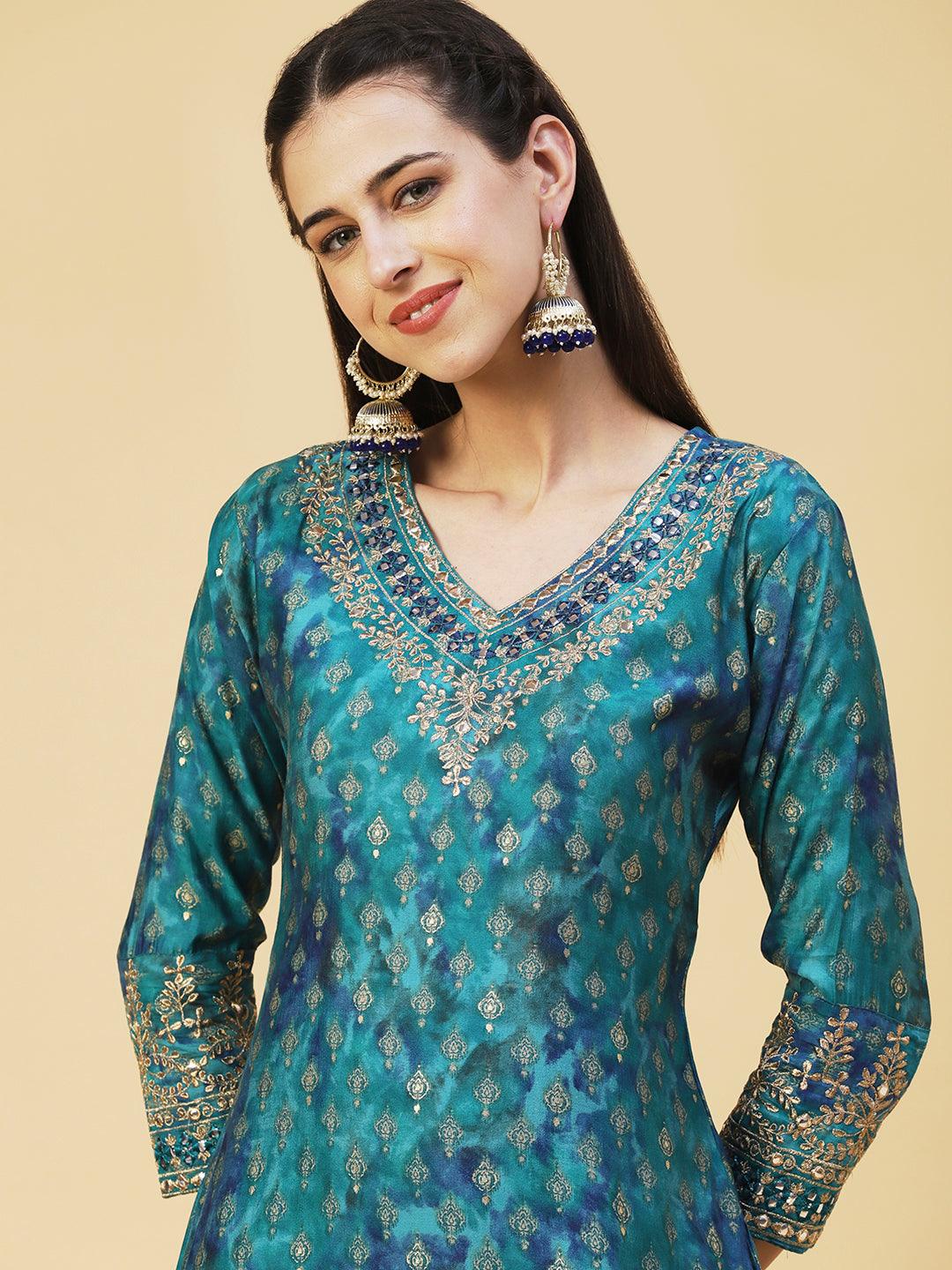 Ethnic Printed & Embroidered Straight Fit Kurta - Turquoise Blue - Indiakreations