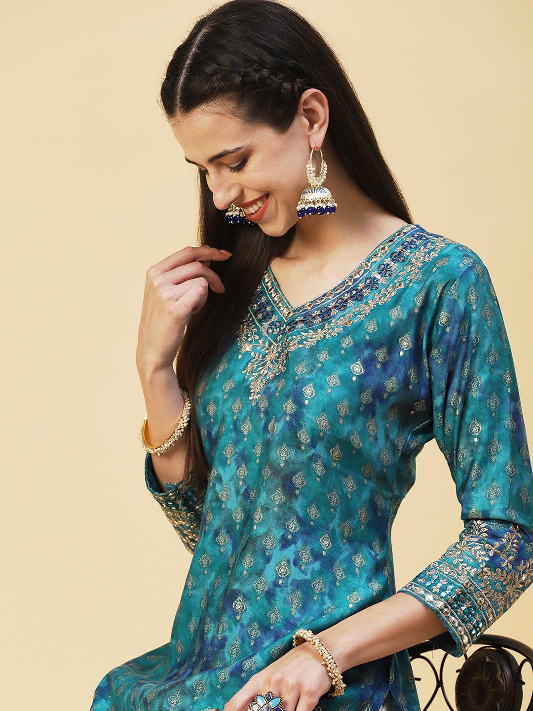 Ethnic Printed & Embroidered Straight Fit Kurta - Turquoise Blue - Indiakreations