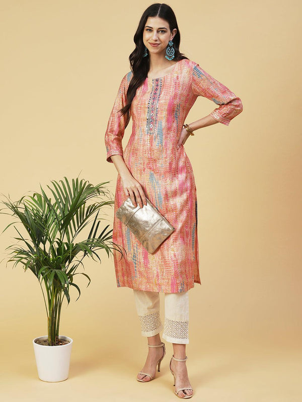 Abstract Printed & Embroidered Straight Fit Kurta - Peach - Indiakreations