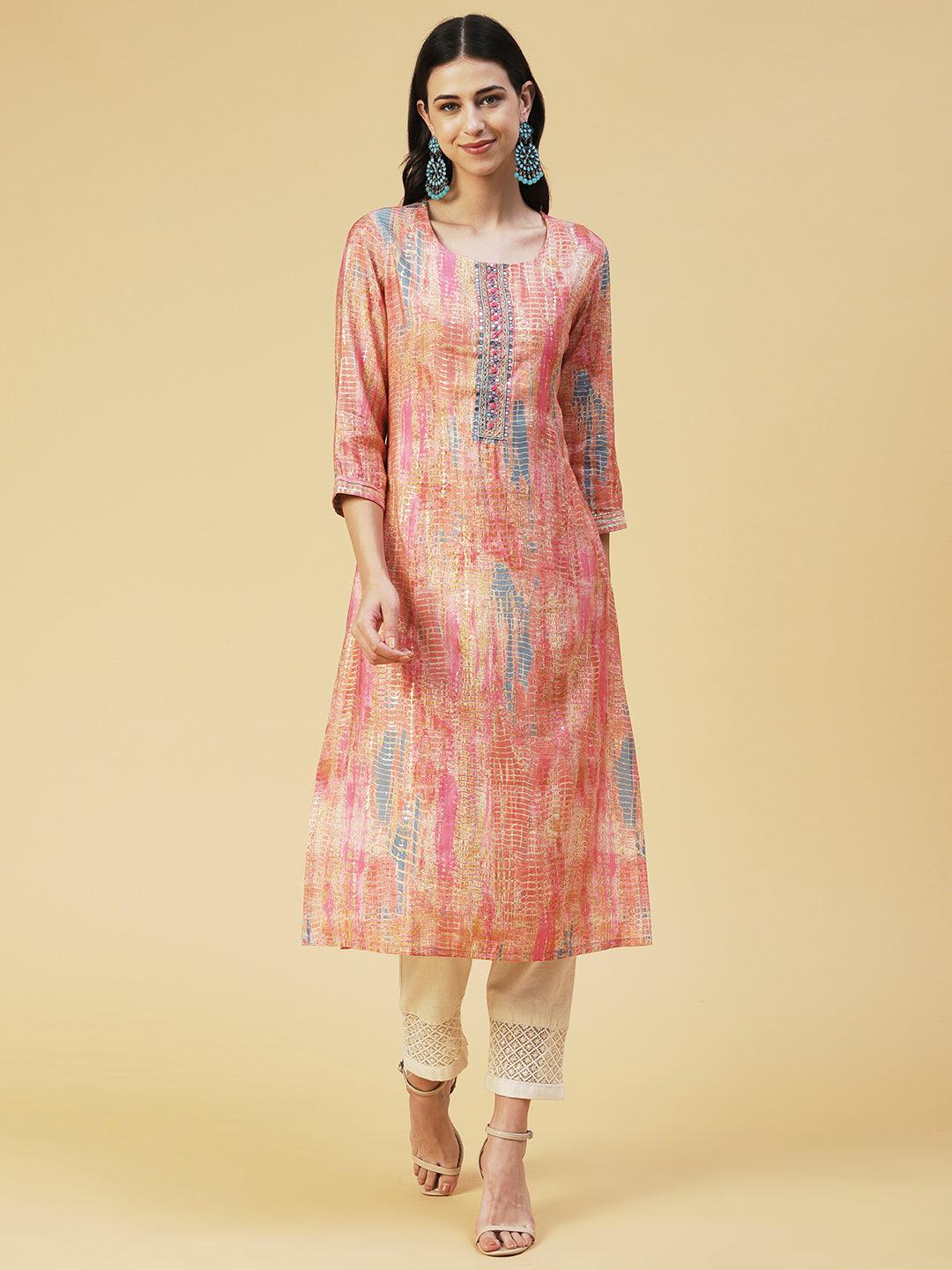 Abstract Printed & Embroidered Straight Fit Kurta - Peach - Indiakreations