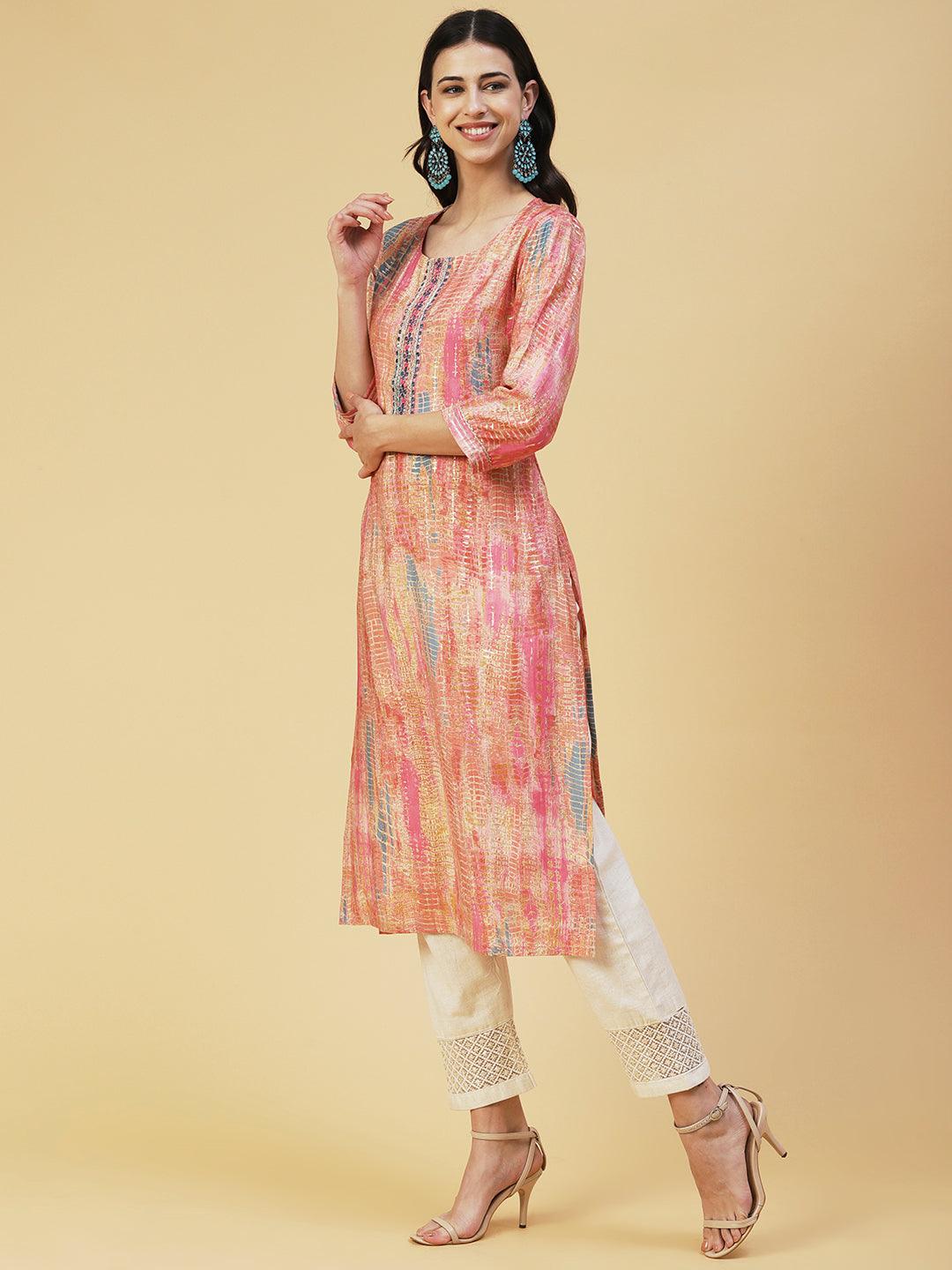 Abstract Printed & Embroidered Straight Fit Kurta - Peach - Indiakreations