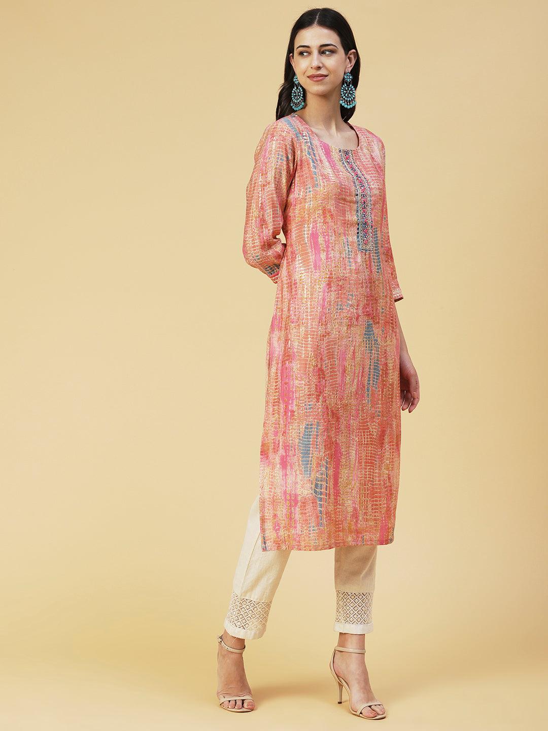 Abstract Printed & Embroidered Straight Fit Kurta - Peach - Indiakreations