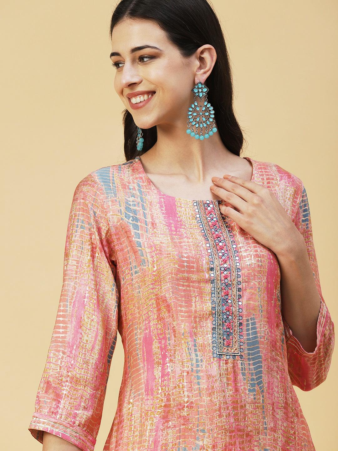 Abstract Printed & Embroidered Straight Fit Kurta - Peach - Indiakreations