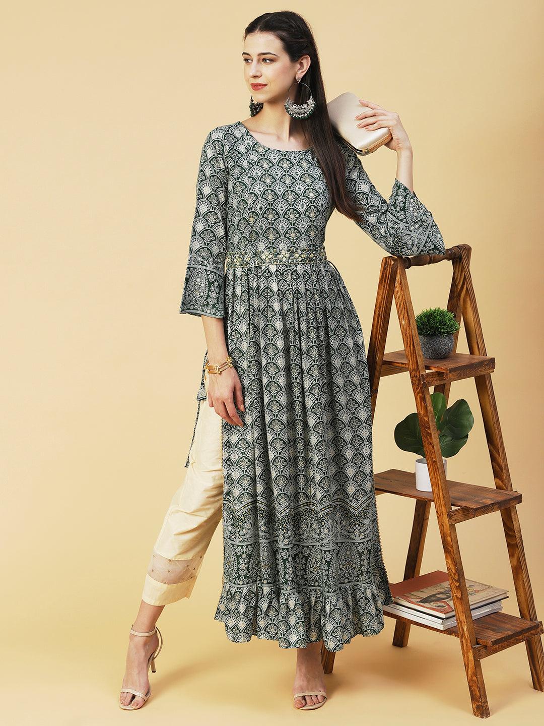 Ethnic Printed & Embroidered A-Line Kurta - Green - Indiakreations