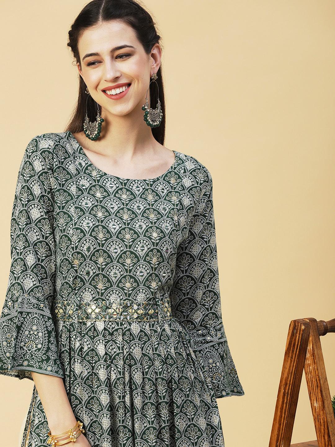 Ethnic Printed & Embroidered A-Line Kurta - Green - Indiakreations