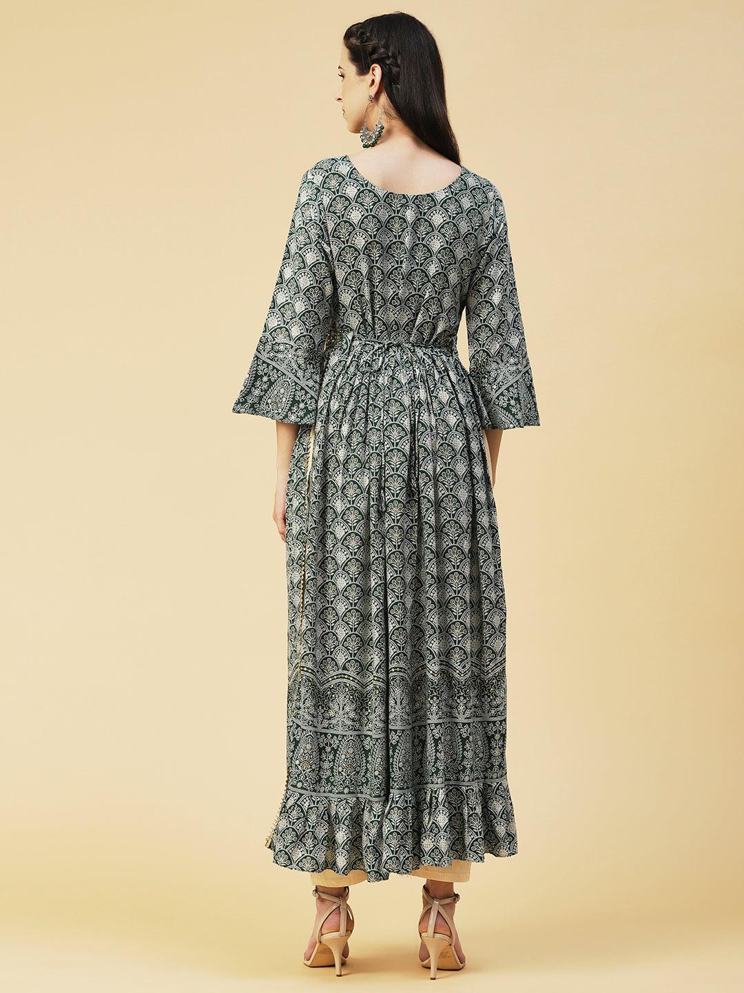 Ethnic Printed & Embroidered A-Line Kurta - Green - Indiakreations