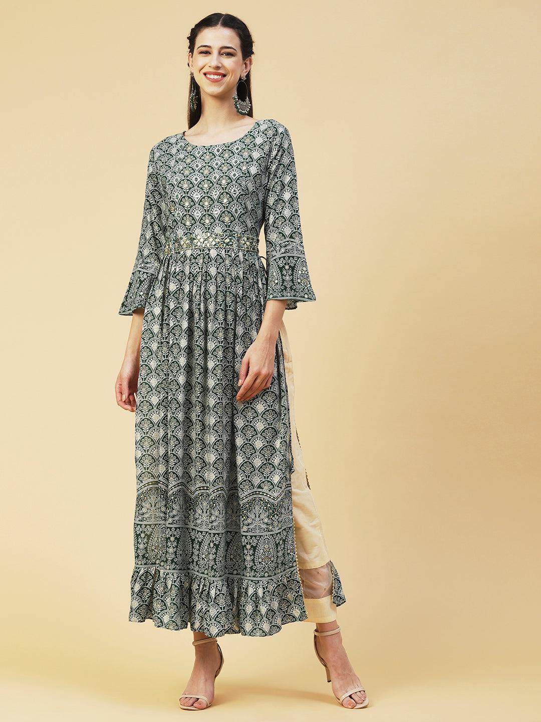 Ethnic Printed & Embroidered A-Line Kurta - Green - Indiakreations