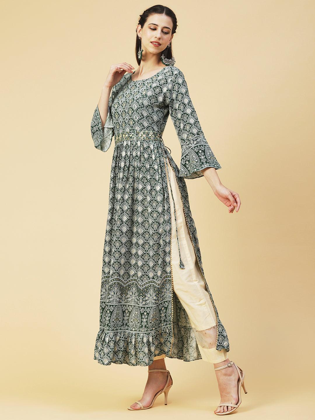 Ethnic Printed & Embroidered A-Line Kurta - Green - Indiakreations