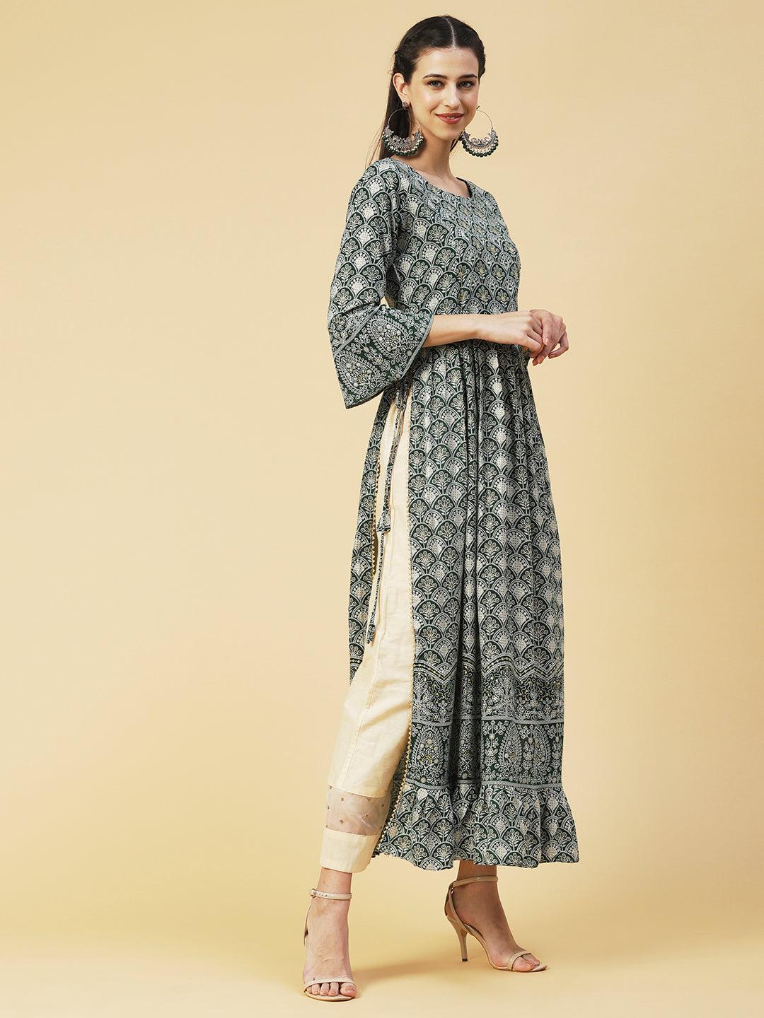 Ethnic Printed & Embroidered A-Line Kurta - Green - Indiakreations