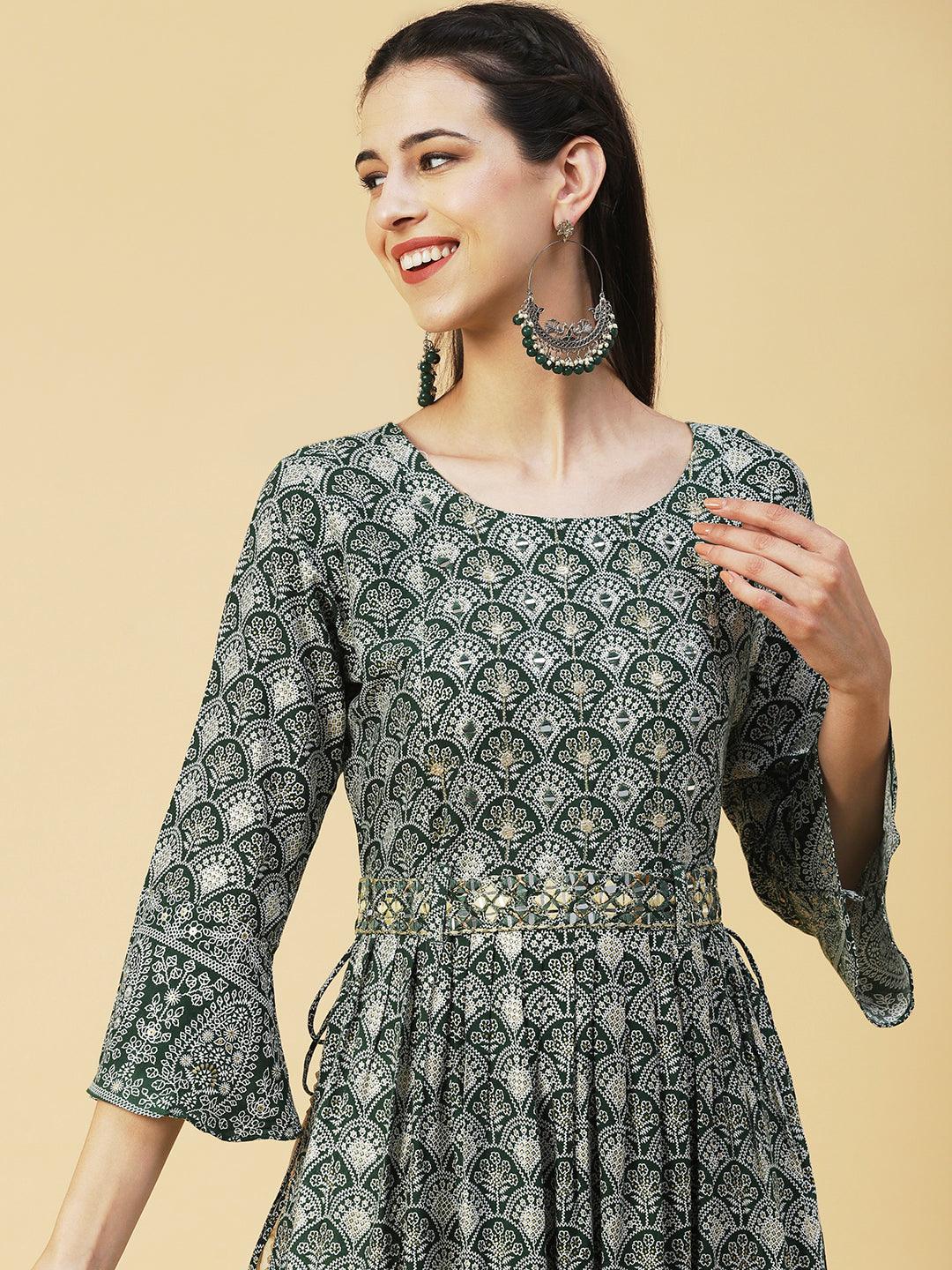 Ethnic Printed & Embroidered A-Line Kurta - Green - Indiakreations