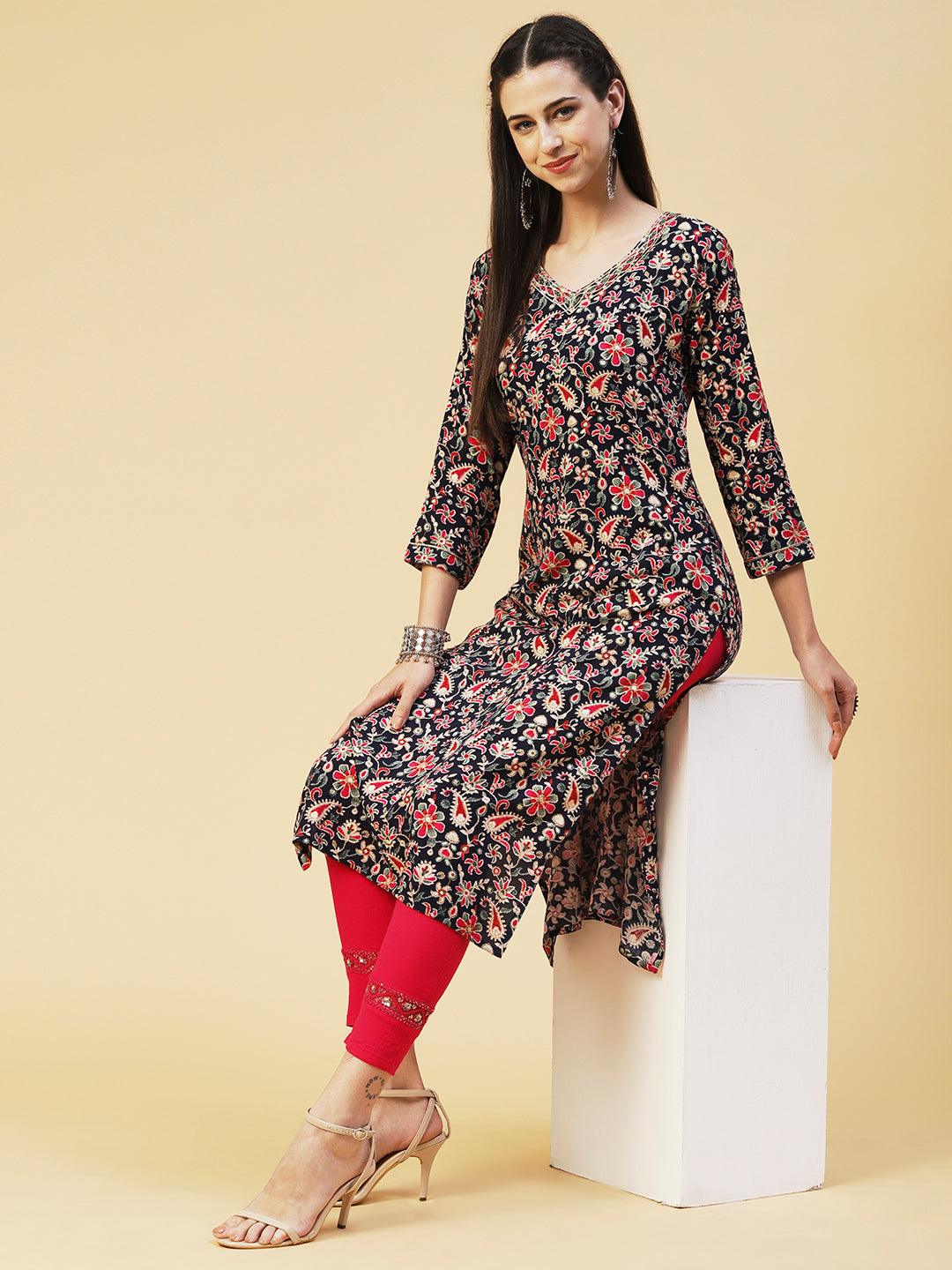 Ethnic Paisley Printed & Embroidered Straight Fit Kurta - Navy Blue - Indiakreations