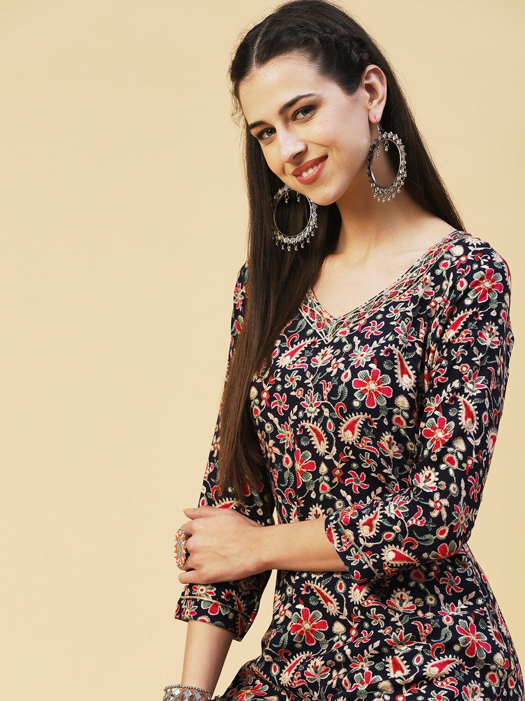 Ethnic Paisley Printed & Embroidered Straight Fit Kurta - Navy Blue - Indiakreations