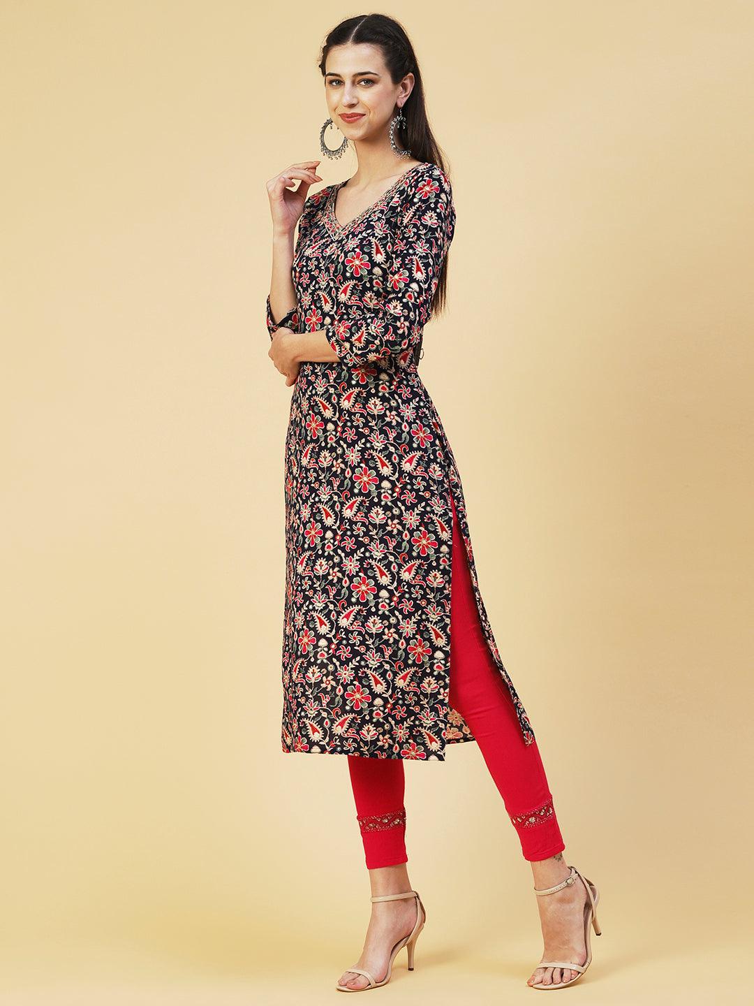 Ethnic Paisley Printed & Embroidered Straight Fit Kurta - Navy Blue - Indiakreations