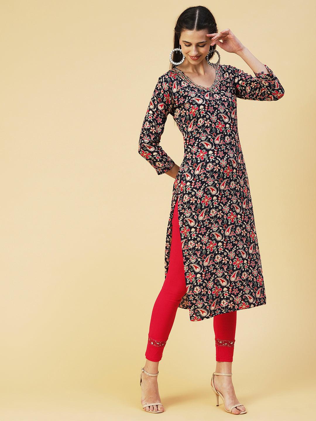 Ethnic Paisley Printed & Embroidered Straight Fit Kurta - Navy Blue - Indiakreations