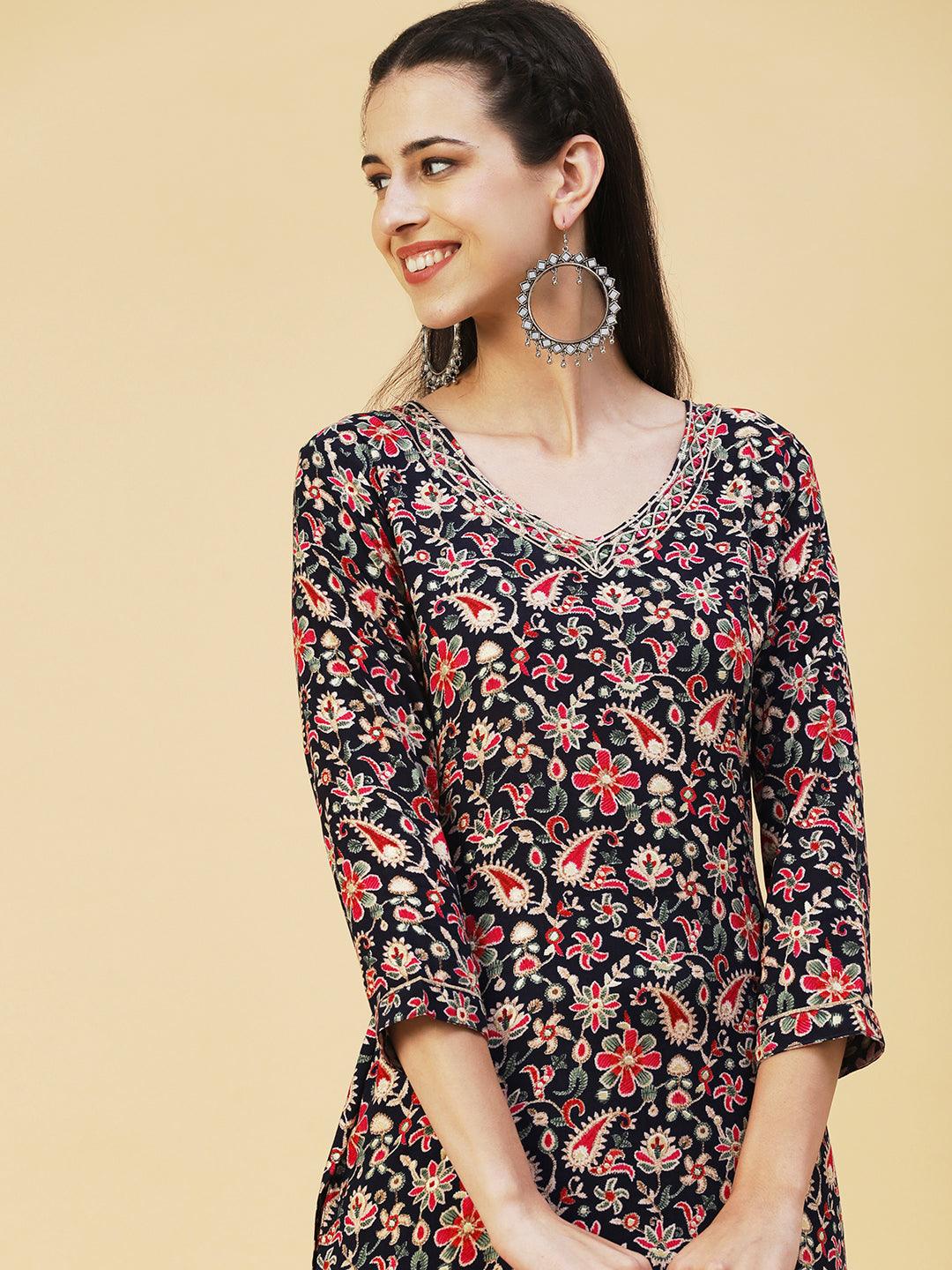 Ethnic Paisley Printed & Embroidered Straight Fit Kurta - Navy Blue - Indiakreations